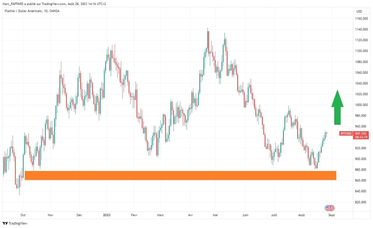 Graphique evolution cours platine sur 12 mois aout 2023