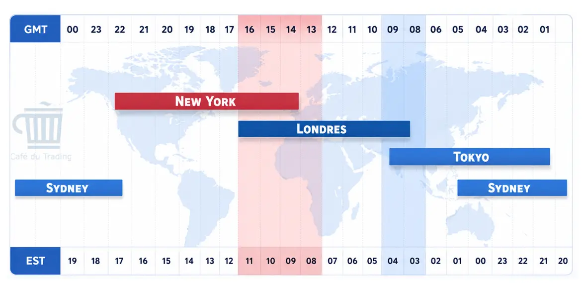 Carte du monde et des sessions de trading sur le Forex